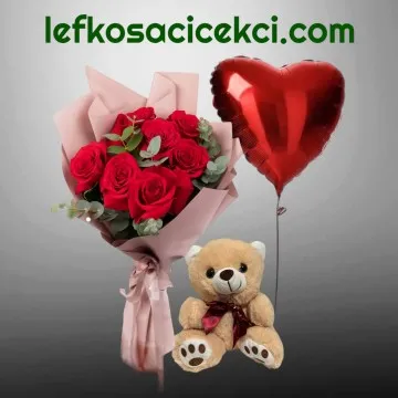 7 Kırmızı Gül Buketi Ayıcık ve Balon